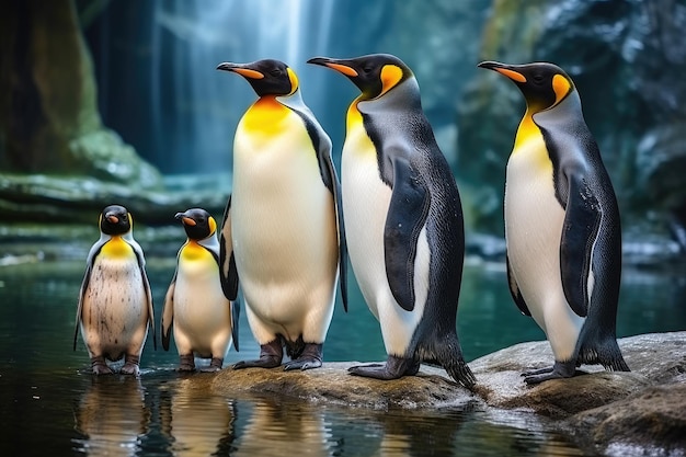 Gruppe von Königspinguinen auf dem Felsen im Zoo Thailand Gruppe von Königspinguinen im Zoo Tierszene aus der Natur AI generiert