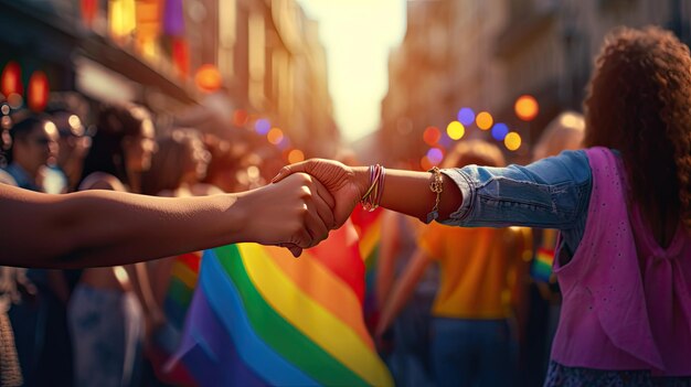 Gruppe von LGBTI-Menschen, die sich draußen an den Händen halten