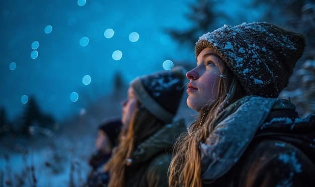 Gruppe von Mädchen bewundert das Sternenlicht im Freien während der Wintersaison und engagiert sich für Winteraktivitäten