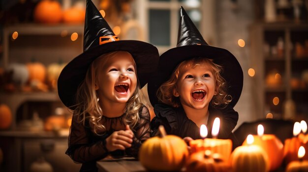 Gruppe von Mädchen in Hexenkostümen für Halloween mit Kürbislampen zu Hause