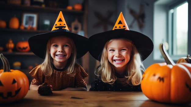 Gruppe von Mädchen in Hexenkostümen für Halloween mit Kürbislaterne zu Hause