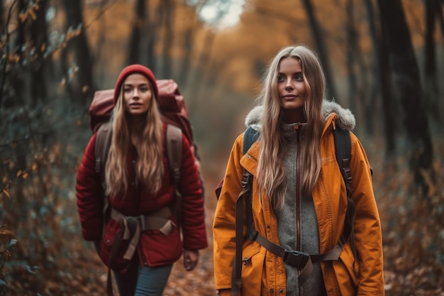 Gruppe von Mädchen Wandern Reisen Wandern mit Rucksäcken im Herbstwald extreme Nahaufnahme Generative KI