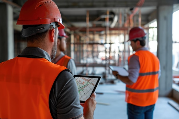 Foto gruppe von männern in orangefarbenen westen, die zusammen stehen, ingenieurteam vor ort mit tablets und echtzeit-bau-software ki generiert