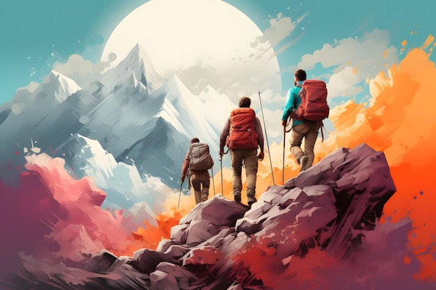 Gruppe von Männern trägt farbenfrohe Jacken und Taschen auf dem Berg