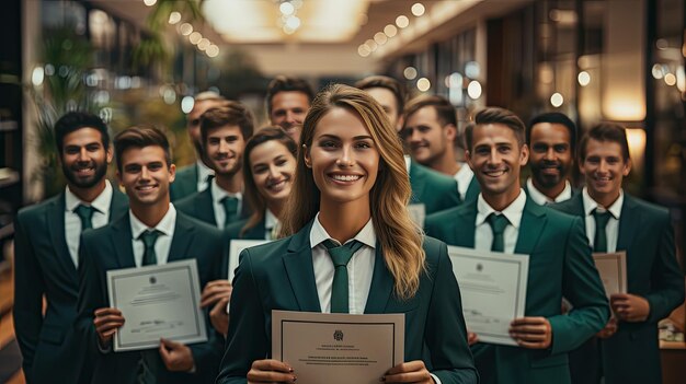 Gruppe von Männern und Frauen in grünen Anzügen stehen zusammen für ein Foto