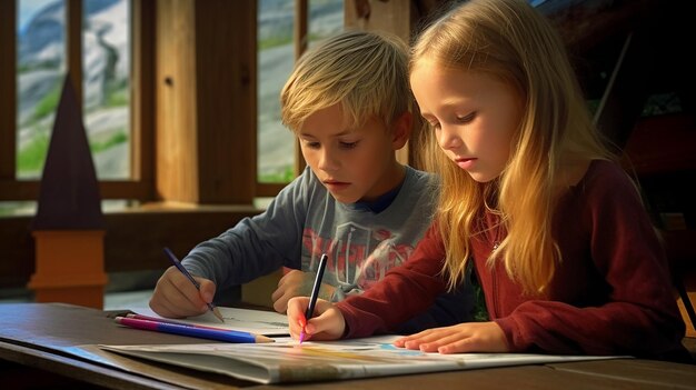 Foto gruppe von männlichen und weiblichen kindern studiert und zeichnet malerei