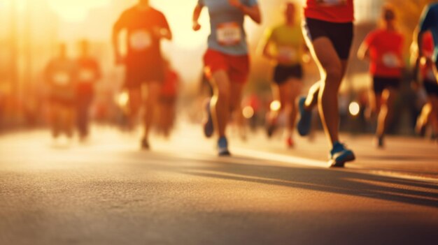 Gruppe von Marathonläufern in der Stadt, niedrige Winkelansicht von Läufern im Wettkampf