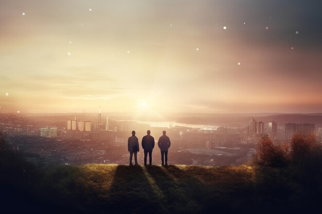 Gruppe von Menschen beobachtet eine elektrifizierte Stadt bei Sonnenuntergang von einem Energiekonzept und einer Energieversorgung auf einem Hügel aus