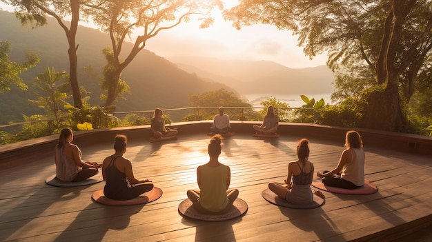Gruppe von Menschen, die abends bei Sonnenaufgang Yoga auf der Matte praktizieren. Yoga Thailand Generative KI