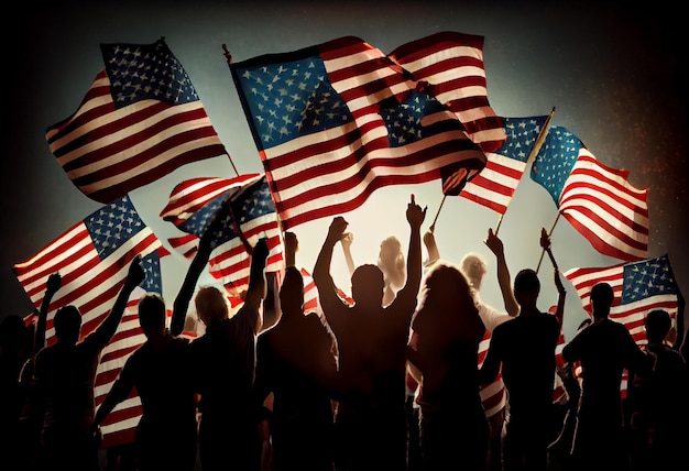 Gruppe von Menschen, die amerikanische Flaggen im Gegenlicht schwenken, erzeugen KI