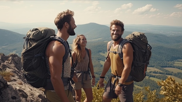 Gruppe von Menschen, die an einem Sommertag auf dem Gipfel eines Berges stehen