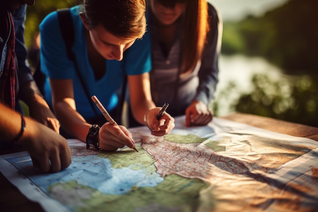 Foto gruppe von menschen, die die karte untersuchen, um gemeinsam auf ihrer reise zu navigieren. touristen, die eine karte überprüfen, oberer abschnitt beschnitten, keine sichtbaren gesichter, vorderansicht, ki-generiert