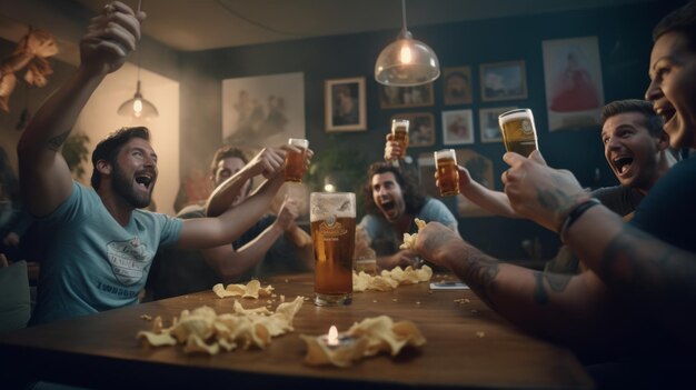 Gruppe von Menschen, die in einer Bar feiern und jubeln