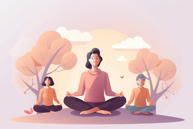 Gruppe von Menschen, die in einer Yoga-Klasse im Freien in der Natur übungen machen, flache Illustration