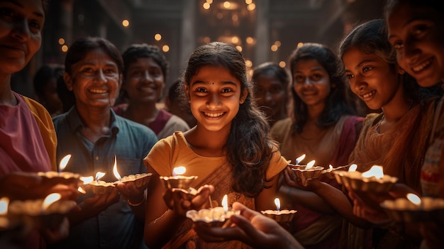 Gruppe von Menschen, die Kerzen in ihren Händen halten Diwali