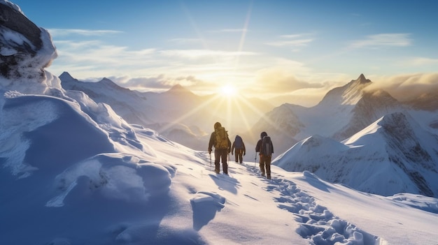 Gruppe von Menschen, die mit Schneeschuhen und Rucksäcken mit KI in den Winterbergen wandern