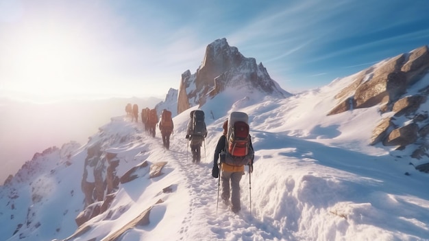 Gruppe von Menschen, die mit Schneeschuhen und Rucksäcken mit KI in den Winterbergen wandern