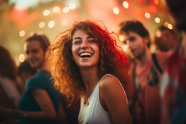 Gruppe von Menschen, glücklicher Ausdruck auf einer Party, die KI genießt