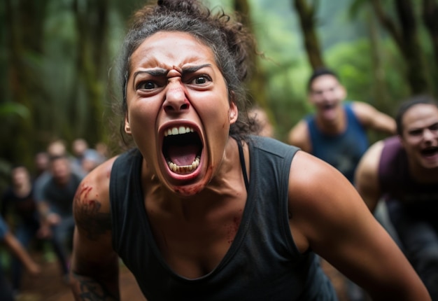 Gruppe von Menschen im Wald mit offenen Mündern