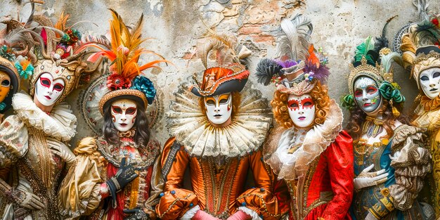Gruppe von Menschen in extravaganten venezianischen Kostümen xA