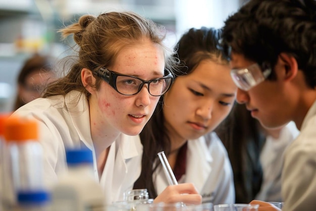 Gruppe von Menschen mit wissenschaftlichen Experimenten und Arbeitsabläufen