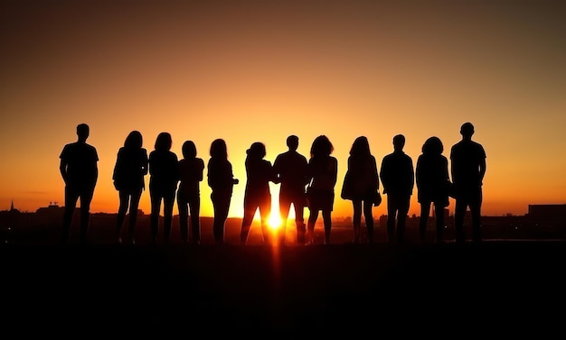 Gruppe von Menschen Silhouette im Sonnenuntergang