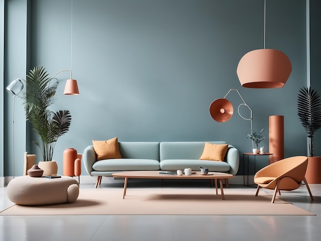 Gruppe von minimalistischen Innenräumen mit stilvollen Möbeln und Dekor in der Nähe von farbigen Wänden