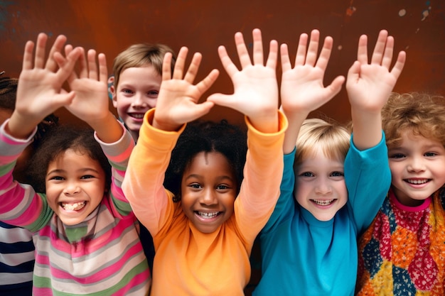 Gruppe von multiracial lustigen Kindern Lustige Kinder heben die Hände, um den Kindertag zu feiern