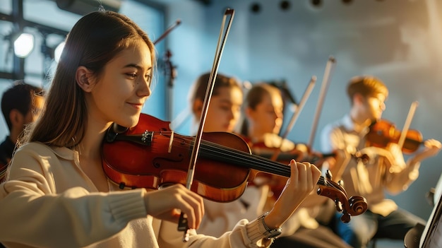 Gruppe von Musikstudenten, die zusammen in einem gut ausgestatteten Musikstudio üben