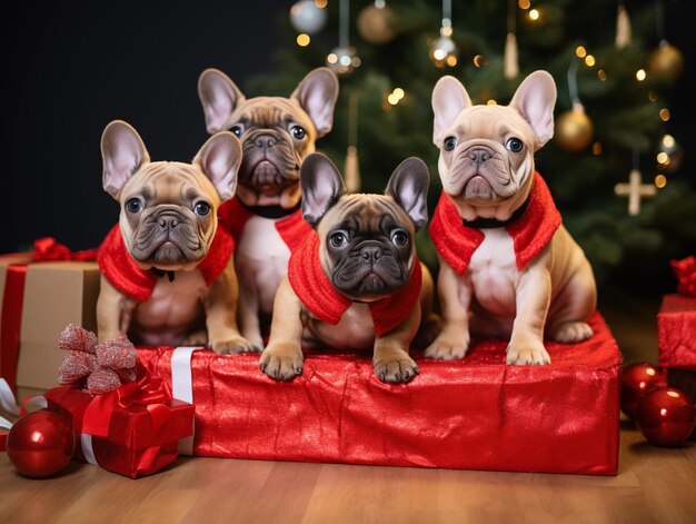 Gruppe von niedlichen und glücklichen Bulldoggen mit Weihnachtsthema unter dem Weihnachtenbaum