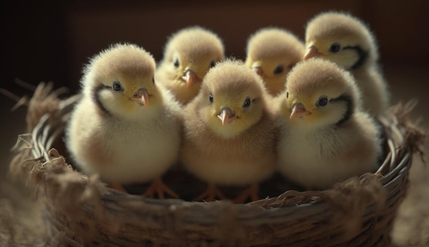 Gruppe von Osterküken, die aus einem Korb gucken Generative Ostern-KI