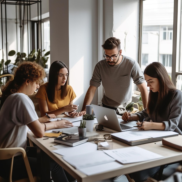 Gruppe von Personen, die Unternehmensplan in einem Büro ausarbeitet