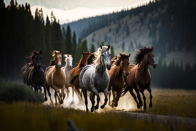 Foto gruppe von pferden läuft auf einem feld mit bergen im hintergrund. generative ki
