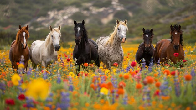 Foto gruppe von pferden steht auf einem blumenfeld