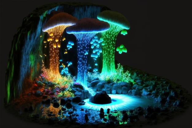 Gruppe von Pilzen, die auf einem generativen Wasserfall sitzen