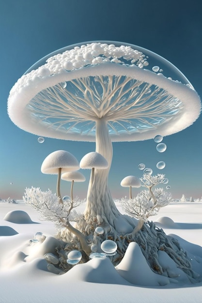 Gruppe von Pilzen, die auf einem schneebedeckten Boden sitzen, generative ai