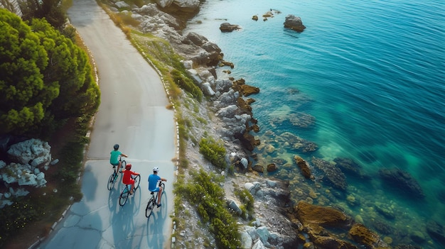 Gruppe von Radfahrern auf einer malerischen Küstenstraße aktiver Lebensstil Abenteuer Radfahren Urlaubsreisen schöne Natur und Outdoor-Übung KI