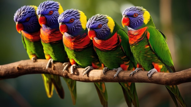 Gruppe von Regenbogen-Lorikis in freier Wildbahn