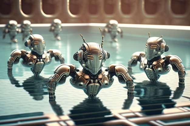 Gruppe von Robotern, die ein Synchronschwimmen durchführen, Illustration generative ai