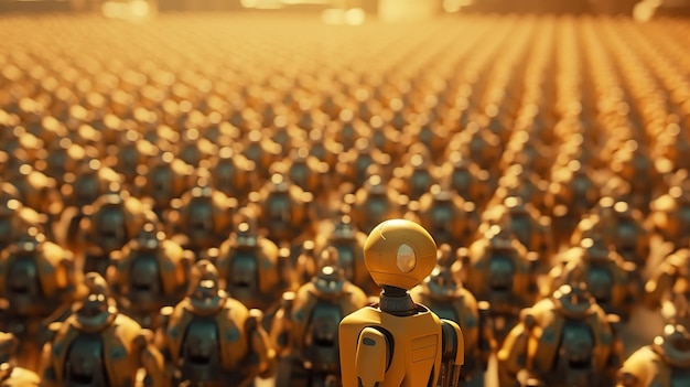 Gruppe von Robotern mit künstlicher Intelligenz, Gruppe von Cyborgs in der Fabrik