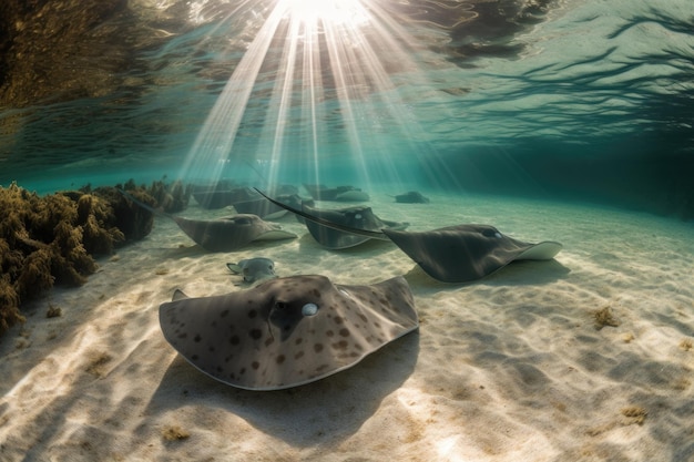 Gruppe von Rochen, die zusammen in einer warmen Strömung schwimmen, die mit generativer KI erzeugt wird