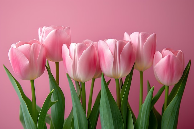 Foto gruppe von rosa tulpenblumen auf einem weichen pastellroten hintergrund muttertag