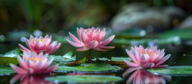 Gruppe von rosa Wasserlilien, die auf einem Teich schwimmen