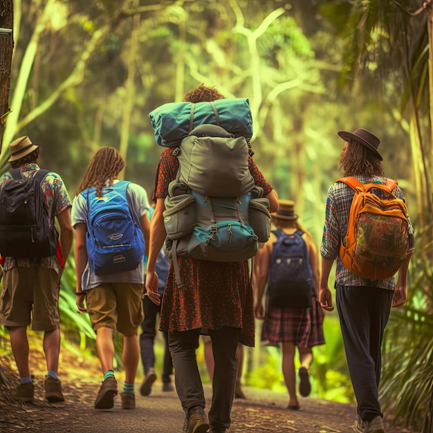 Gruppe von Rucksacktouristen, die auf dem Weg im Wald unterwegs sind