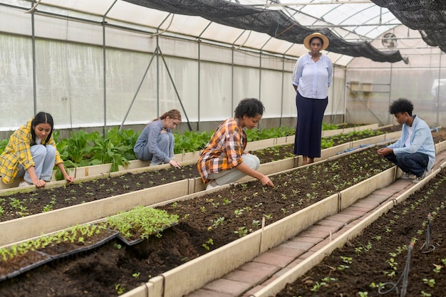 Gruppe von Schülern und Lehrern gemischter Rassen, die Landwirtschaftstechnologie in Smart Farming lernen