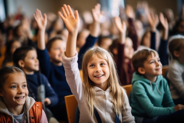 Gruppe von Schulkindern mit einem Lehrer, der im Klassenzimmer sitzt und die Hände hebt