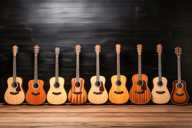 Gruppe von sechs Akustikgitarren auf Holzhintergrund