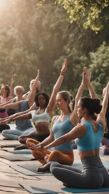 Gruppe von sportlichen Menschen und Yoga-Lehrer, die im Freien Yoga machen
