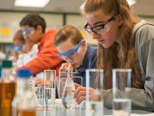 Foto gruppe von studenten im chemie-labor