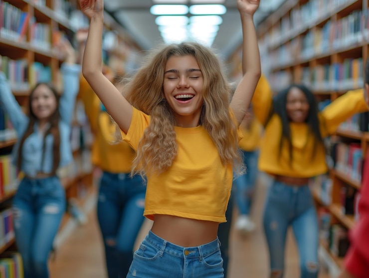 Foto gruppe von studenten tanzen und haben spaß in einer bibliothek